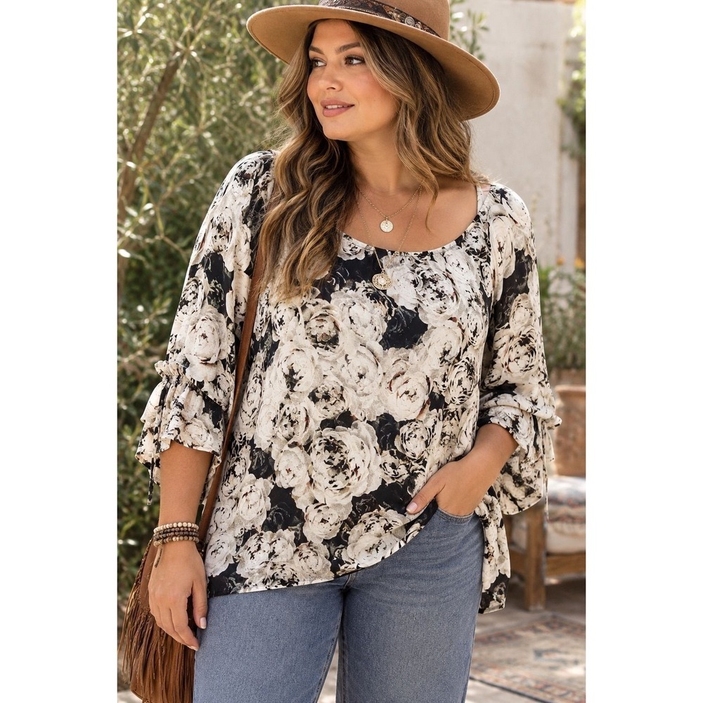 Rose + Olive 1X Floral Balloon Sleeve Blouse – Black & Ivory